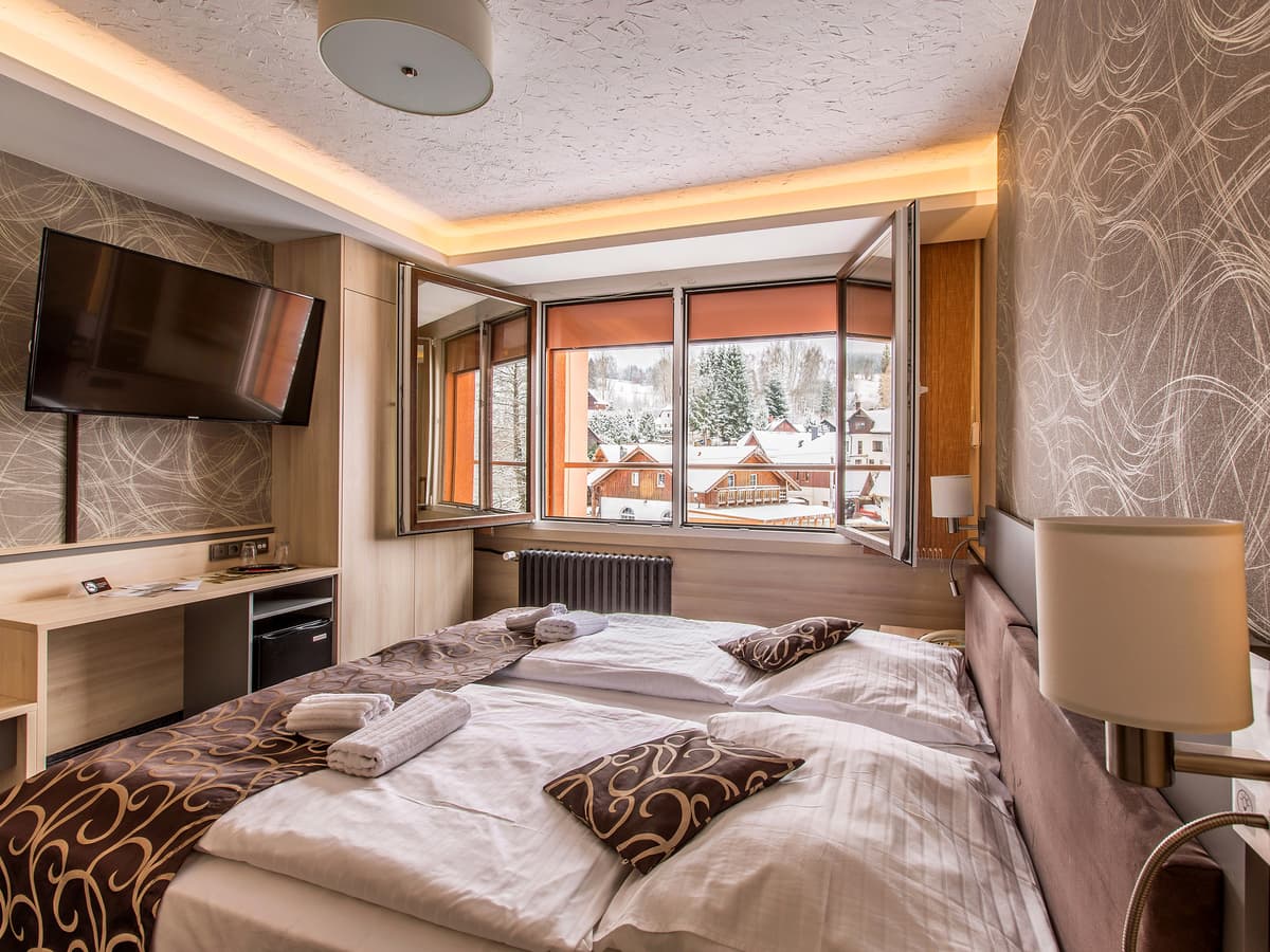 Cozy room with TV and two beds