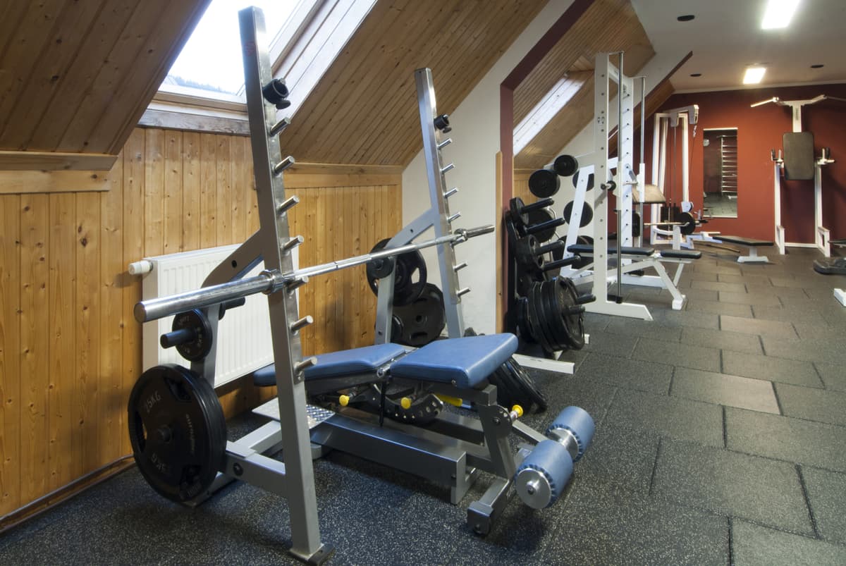 The main gym with various exercise machines and dumbbells.