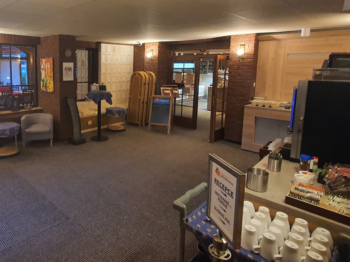 Reception or lobby with vending machines and information desk