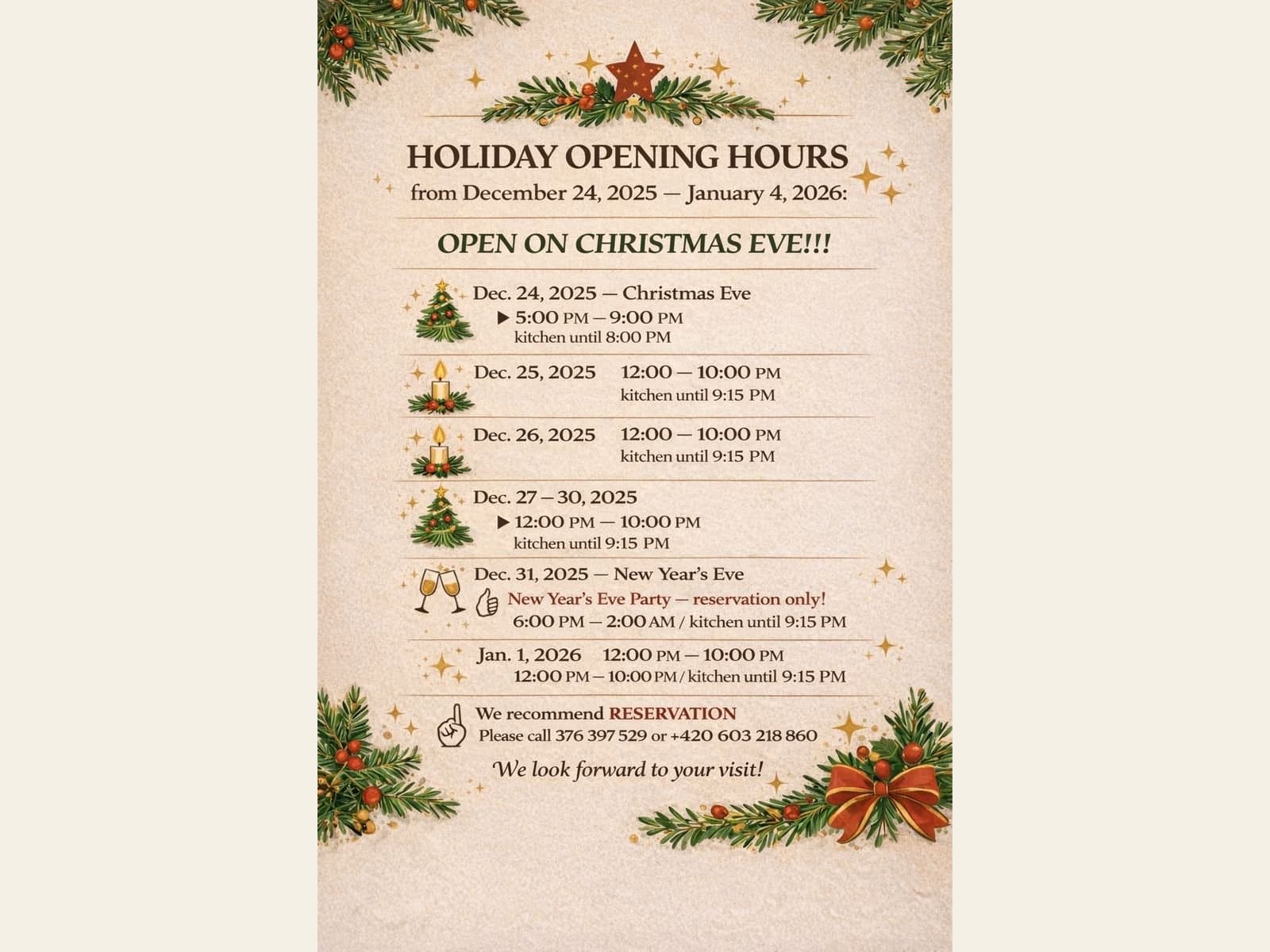 How will it be open from December 24, 2025 to January 4, 2026?